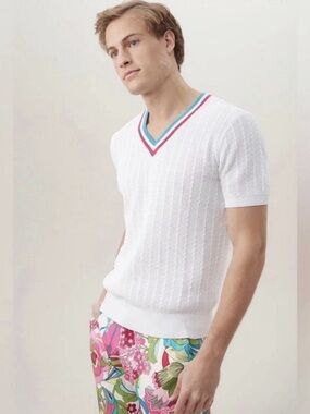White V-Neck Short Sleeve Sweater with Blue and Pink Stripe Trim